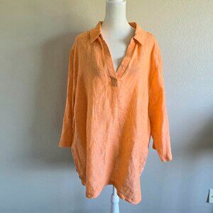 Tahari Linen Shirt Tunic Top 3/4 Sleeve Popover Bright Orange Women Plus Size 3X